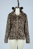Leopard Open Zipper Pockets Fleece Coat
