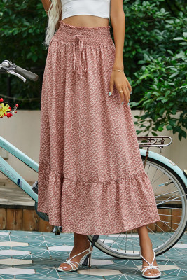 Red Floral Print Ruffled Drawstring High Waist Maxi Skirt