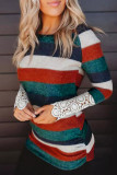 Orange Green Striped Lace Splicing Long Sleeve Top