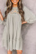Gray Floral Embroidered Long Sleeve Babydoll Mini Dress