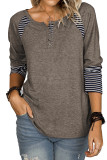 Brown Casual Striped Color-Block Crew Neck Shirt
