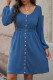 Blue Button Up High Waist Long Sleeve Dress