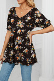 V Neck Puff Sleeves Floral Top