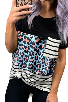 Leopard Camou Splicing Striped Print Pocket Top