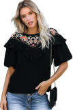 Black Floral Embroidered Flounce Puff Sleeve Blouse