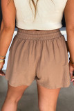 Brown Shirred Waistband Drawstring Casual Shorts with Pockets