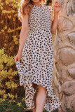 White Leopard Smocked High Low Midi Dress