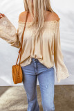Apricot Lace Keyhole Crochet Shirred Off Shoulder Blouse