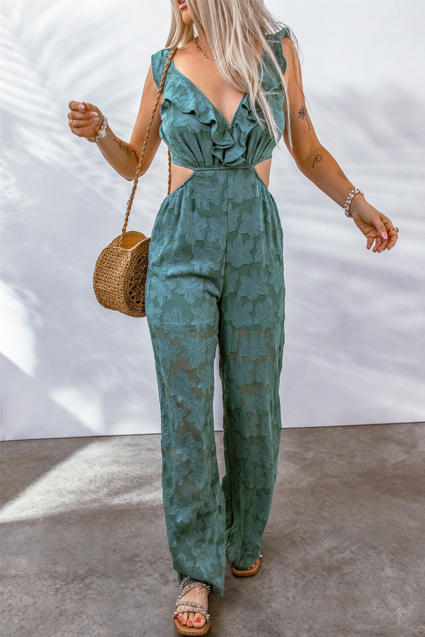 Green Floral Lace Crochet Lace-up Backless Jumpsuit
