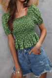 Green Floral Square Neck Smocked Crop Top