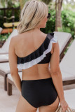 Black Color Block Flounce Ruched One Shoulder Bikini