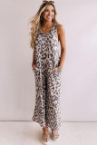 Leopard Leopard Print Pockets Wide Leg Sleeveless Jumpsuit