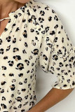 Beige Leopard Print Frilled Half Sleeve Blouse with Tassel Tie