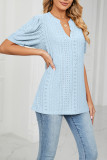 Plain V Neck Bubble Sleeves Hollow Out Top