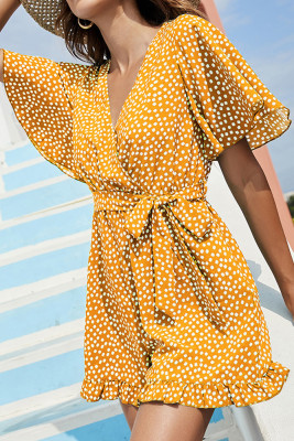 Polka Dot V Neck Waist Tie Ruffle Romper