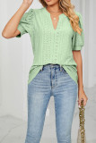 Plain V Neck Bubble Sleeves Hollow Out Top