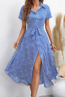 Blue Printed Turn Down Collar Open Button Midi Dress With Sash