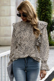 Leopard Frilled Neck Ruffled Long Sleeve Blouse
