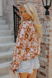 Brown Round Neck Printed Pleated Puff Sleeve Blouse