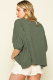 Green Distressed Bleached Asymmetric Hem Short Sleeve Top