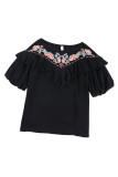 Black Floral Embroidered Flounce Puff Sleeve Blouse