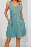 Button Down Elastic Waist Pockets Tank Dress