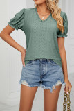 V Neck Lace Edge Puff Sleeves Hollow Out Top