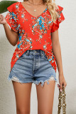 V Neck Double Layer Ruffle Sleeves Floral Top