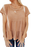 Nude Waffle Knit Ruffle Tiered Short Sleeve Blouse