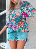 Green Floral Print Wrap V Neck Peplum Top