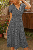 V Neck Short Sleeves Flower Flowy Dress