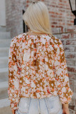 Brown Round Neck Printed Pleated Puff Sleeve Blouse