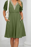 V Neck Lace Edge Pockets T-Shirt Dress