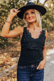 Black V Neck Floral Crochet Tank Top