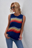 Blue Crew Neck Colorblock Stripes Tank Top