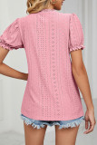 V Neck Lace Edge Puff Sleeves Hollow Out Top