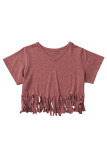 Red Fringe Hem V Neck T Shirt