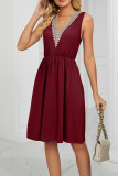 V Neck Lace Edge High Waist Pockets Sleeveless Tank Dress