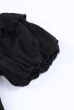 Black Floral Embroidered Flounce Puff Sleeve Blouse