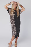 Black Contrast Solid Leopard Short Sleeve T-shirt Dress with Slits