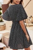 Black Spot Print Flare Sleeves V Neck High Waist Dress
