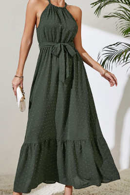 Dark Green Swiss Dot Halter Sleeveless Maxi Dress