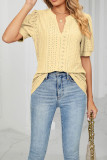 Plain V Neck Bubble Sleeves Hollow Out Top