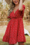 Red V Neck Wrap Floral Mini Dress