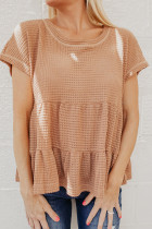 Nude Waffle Knit Ruffle Tiered Short Sleeve Blouse