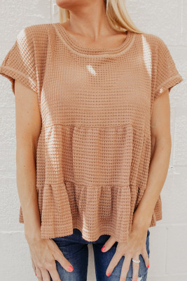Nude Waffle Knit Ruffle Tiered Short Sleeve Blouse