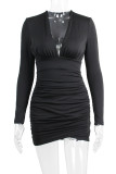 Black V Neck Ruched High Waist Bodycon Dress