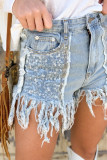 Sky Blue Sequin Pannel Frayed Tassel Hem Denim Shorts