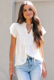 White Smocked Flutter Sleeve Drawstring V Neck Blouse