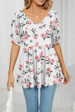 V Neck Puff Sleeves Floral Top